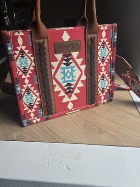 Wrangler Red Aztec Tote Bag with Brown Leather Trim